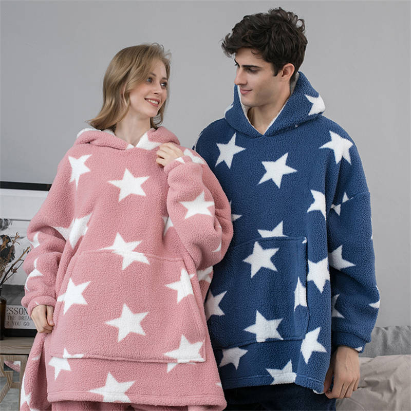 Beakey Hooded Pajama Top with Pocket for Unisex-Sea Blue Star