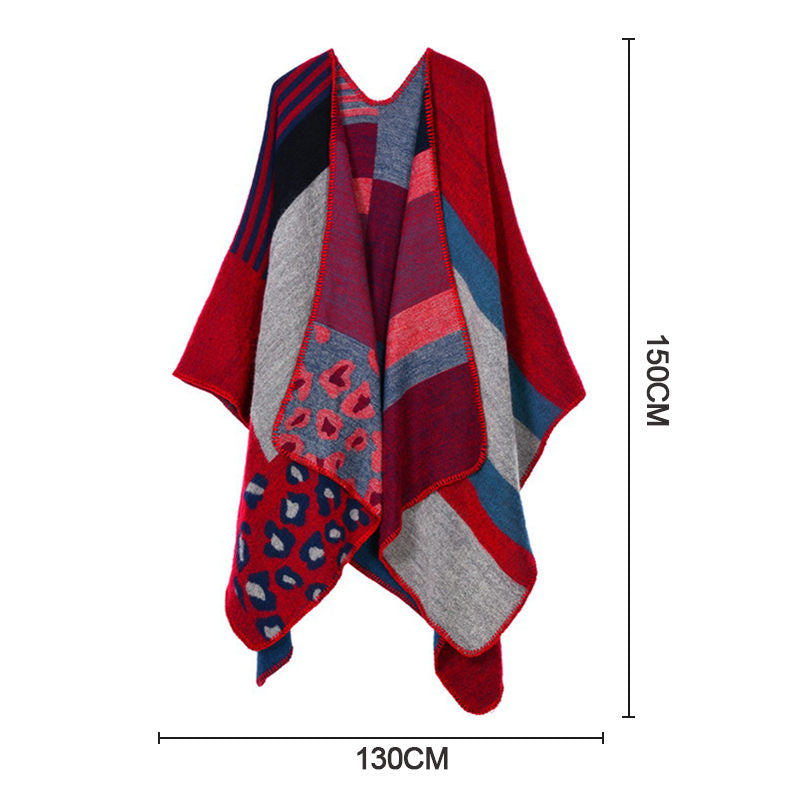 Beakey Womens Winter Reversible Oversized Blanket Cape Shawl-Leopard Red