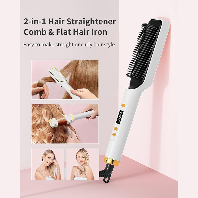 Beakey Hair Straightener Brush with LED Display Anti-Scald PTC Heating-White