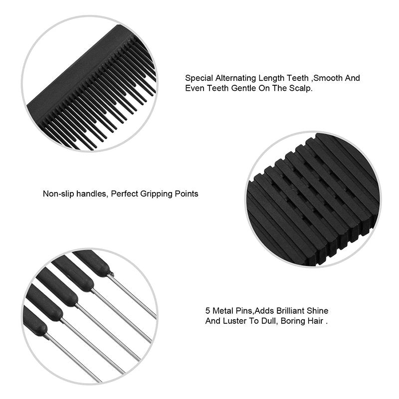 Beakey 3 Pcs Teasing Combs Carbon Fiber with Metal Pins for Hair Styling