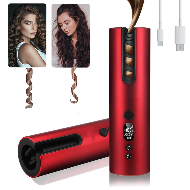 Beakey Auto Hair Curler Cordless Rechargeable LCD Display with 5 Temps-Red