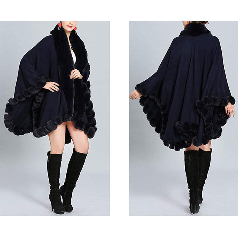Beakey Womens Faux Fox Fur Trim Cardigan Shawl Oversized Cape-Navy Blue