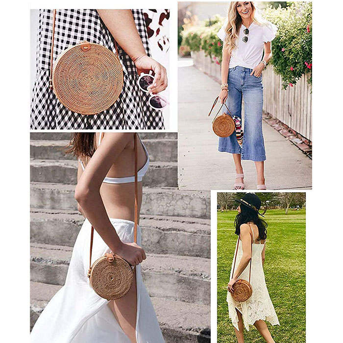 Beakey Handwoven Round Rattan Natural Chic Bag Shoulder Leather Straps Summer Beach-Blue Flower