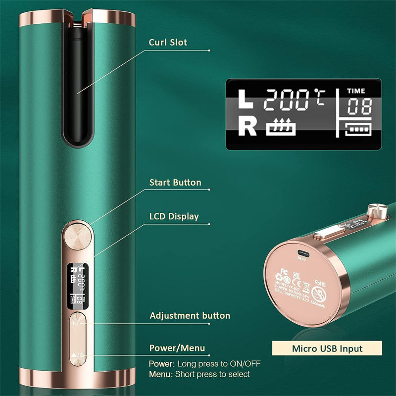Beakey Cordless Automatic Curling Iron LCD Display Rechargeable with 6 Temps