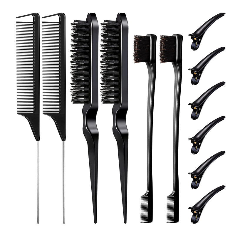 Beakey 12 Pieces Hair Brush Set Nylon Teasing Hair Brushes Rat Tail Combs with Duckbill Clips for Women-Black