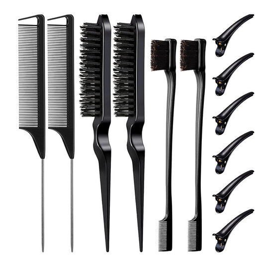 Beakey 12 Pieces Hair Brush Set Nylon Teasing Hair Brushes Rat Tail Combs with Duckbill Clips for Women-Black