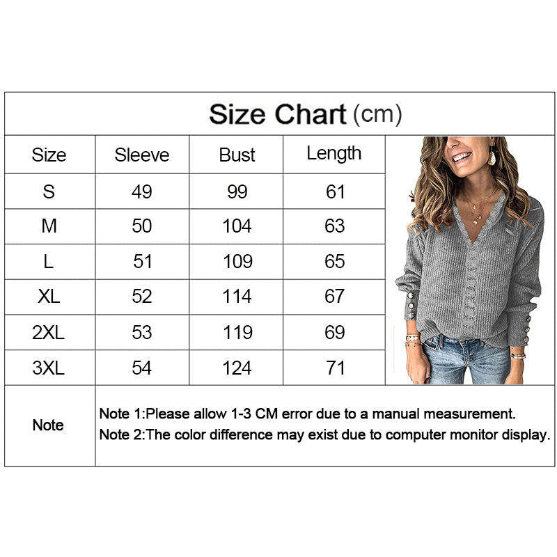 Beakey Womens Pullover Sweater Lace V Neck Long Sleeve Button Top-Grey