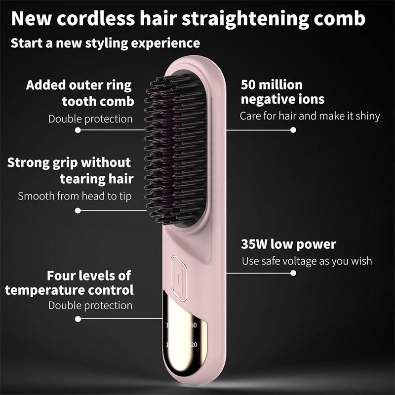 Beakey Cordless Hair Straightener Brush Negative Ion with 4 Temp Settings-Black
