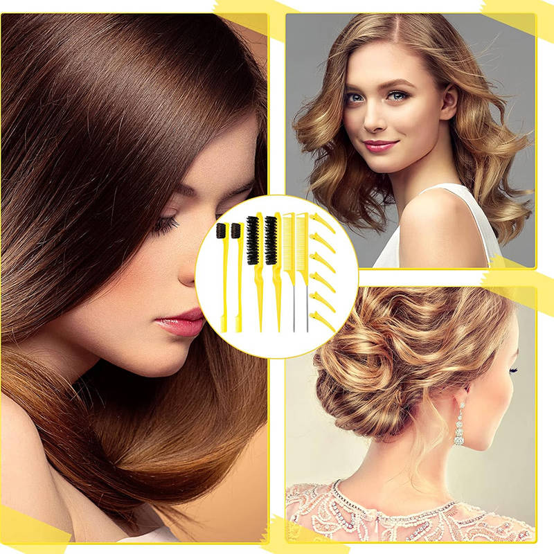 Beakey 12 Pieces Hair Brush Set Nylon Teasing Hair Brushes Rat Tail Combs with Duckbill Clips for Women-Yellow