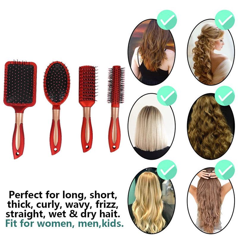 Beakey 4 Pcs Hair Brush Anti Static Massage Oval Comb for Women Men-Red