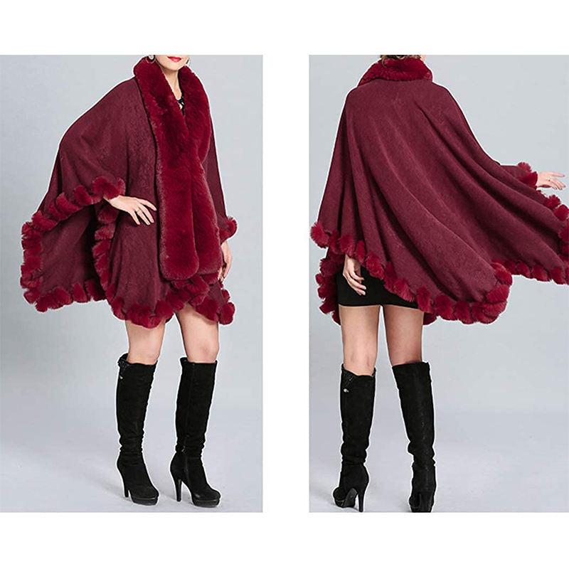 Beakey Womens Faux Fox Fur Trim Cardigan Shawl Oversized Cape-Maroon