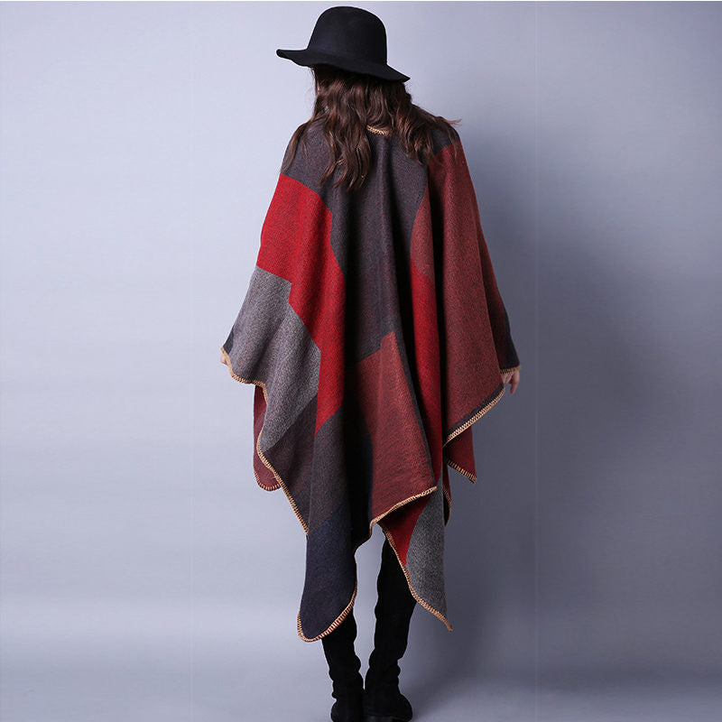 Beakey Womens Winter Reversible Oversized Blanket Cape Shawl-Red