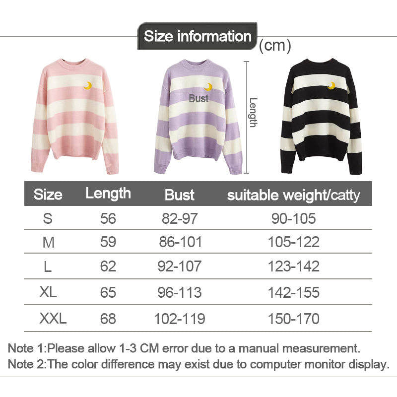 Beakey Womens Kawaii College Style Sweater Contrast Striped Moon Pullover-Pink