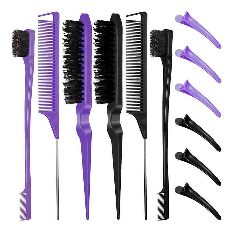 Beakey 12 Pieces Hair Brush Set Nylon Teasing Hair Brushes Rat Tail Combs with Duckbill Clips for Women-Purple Black