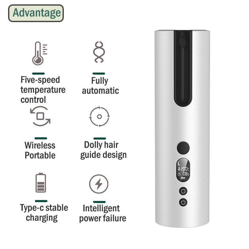 Beakey Auto Hair Curler Cordless Rechargeable LCD Display with 5 Temps-White