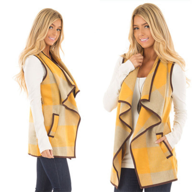 Beakey Womens Casual Lapel Open Front Plaid Vest Cardigan with Pockets-Yellow