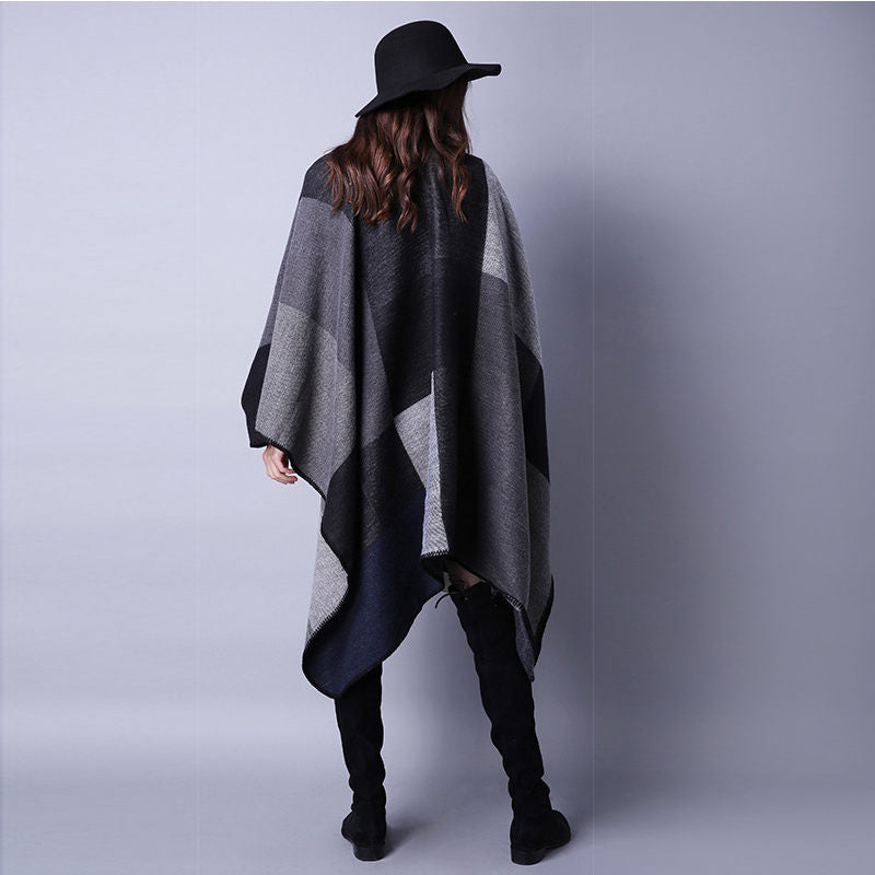 Beakey Womens Winter Reversible Oversized Blanket Cape Shawl-Black