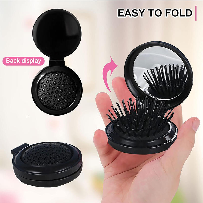 Beakey Mini Hair Brush for Purse Portable Pocket Hair Brush with Mirror for Girls Travel Size-Black
