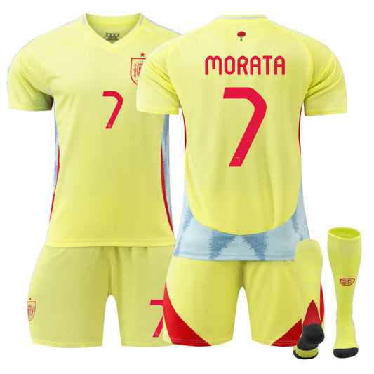 Beakey MORATA #7 Spain Away Jersey Soccer Jersey Kit Football T-shirt Set for Adult Kids