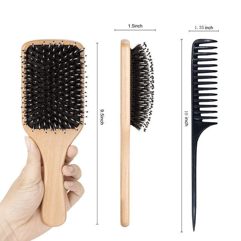 Beakey 2Pcs Boar Bristle Paddle Brush for Thick/Thin Hair Men Women Kids