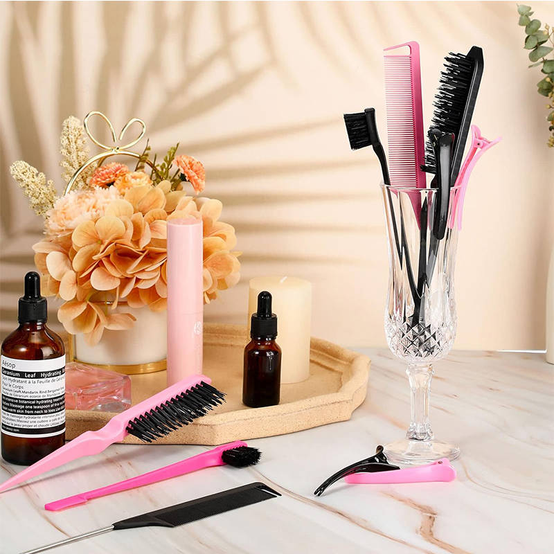 Beakey 12 Pieces Hair Brush Set Nylon Teasing Hair Brushes Rat Tail Combs with Duckbill Clips for Women-Pink Black
