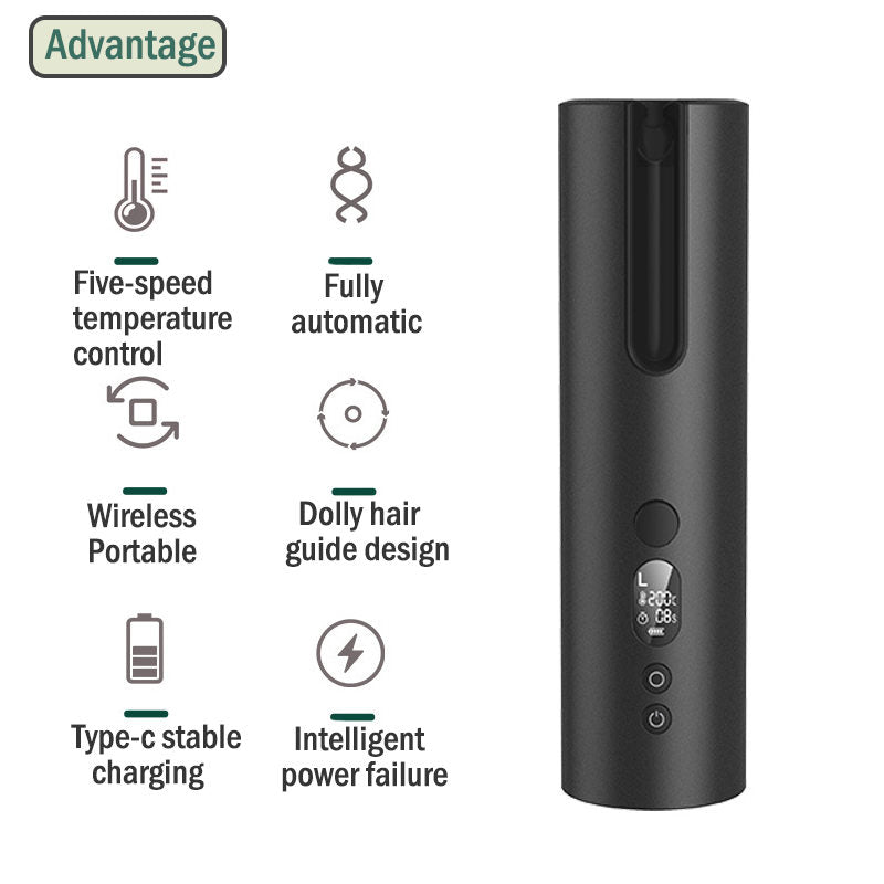 Beakey Auto Hair Curler Cordless Rechargeable LCD Display with 5 Temps-Black