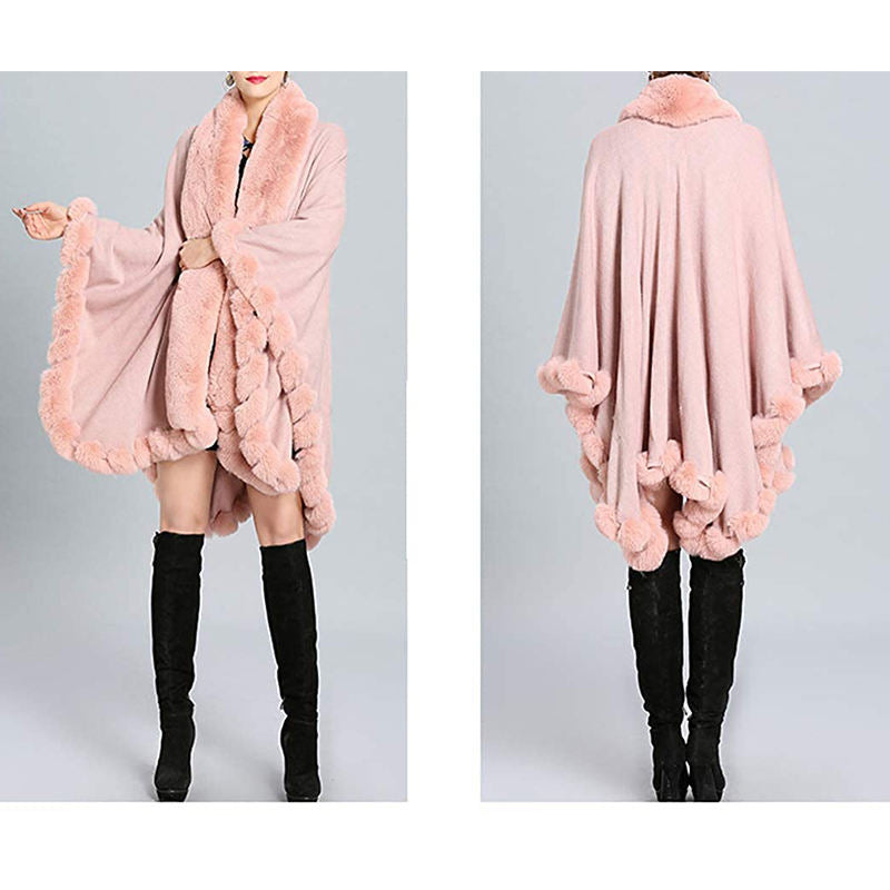 Beakey Womens Faux Fox Fur Trim Cardigan Shawl Oversized Cape-Light Pink