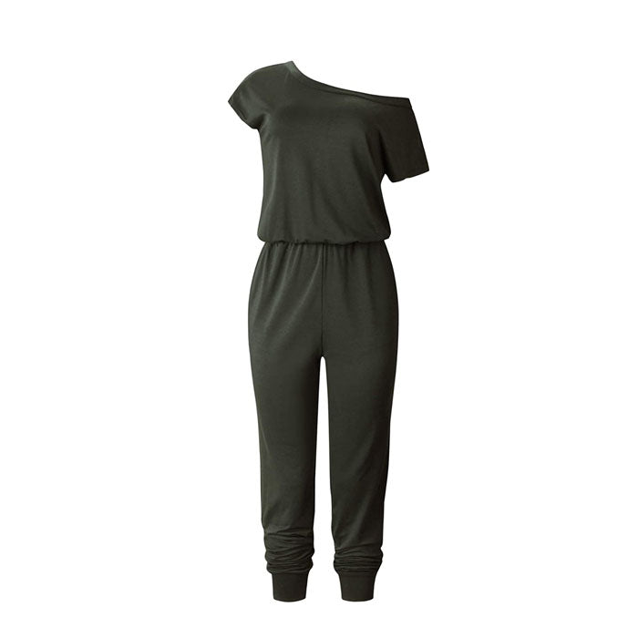 Beakey Women's Loose Solid Off Shoulder Elastic Waist Stretchy Long Romper Jumpsuit with Pockets - Army Green