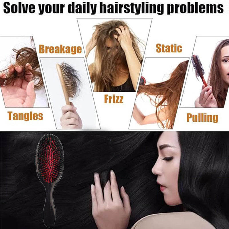 Beakey Boar Bristle Hair Brush Anti-frizz for Curly Fine Tangled Hair-Pink