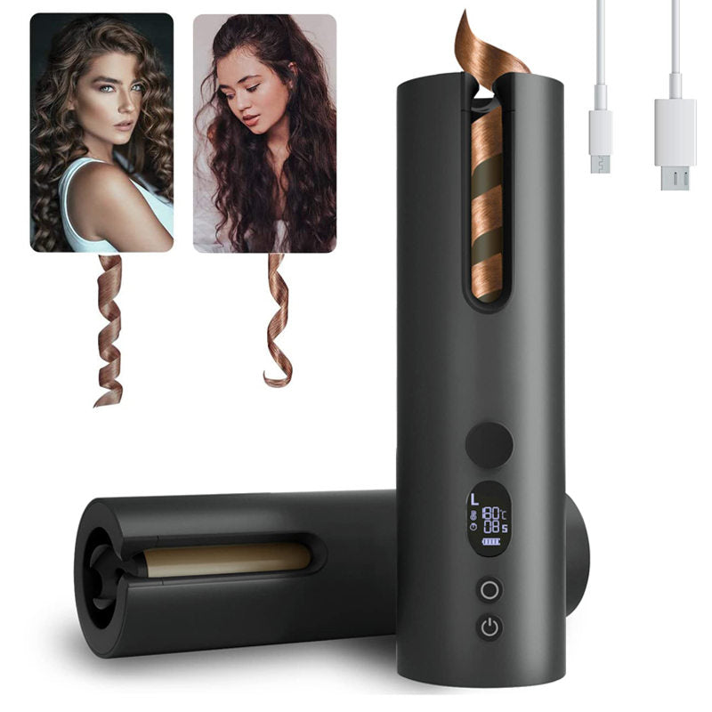Beakey Auto Hair Curler Cordless Rechargeable LCD Display with 5 Temps-Black