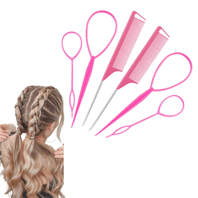 Beakey 4 Pcs French Braid Loop + 2 Pcs Rat Tail Comb for Hair Styling-Pink
