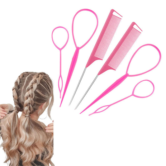 Beakey 4 Pcs French Braid Loop + 2 Pcs Rat Tail Comb for Hair Styling-Pink