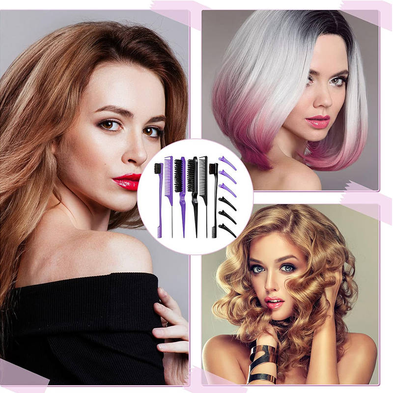 Beakey 12 Pieces Hair Brush Set Nylon Teasing Hair Brushes Rat Tail Combs with Duckbill Clips for Women-Purple Black