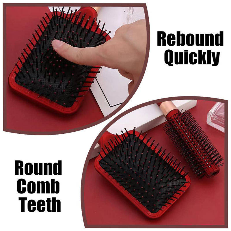 Beakey 4 Pcs Hair Brush Gifts Set for Women Detangling Hairbrush Flexible Soft Pin Bristles for Long Thick Curly Hair-Red
