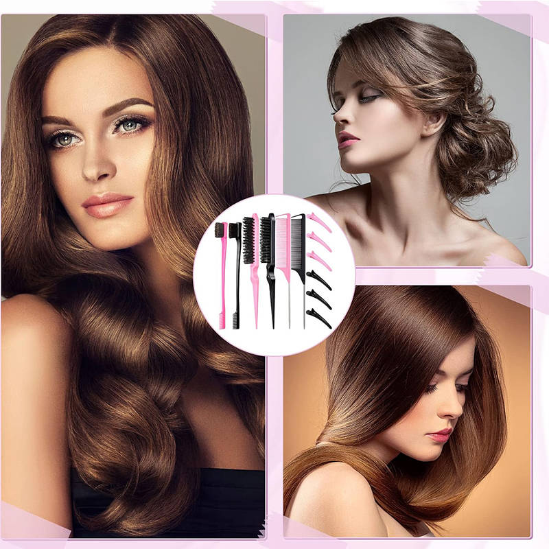 Beakey 12 Pieces Hair Brush Set Nylon Teasing Hair Brushes Rat Tail Combs with Duckbill Clips for Women-Pink Black