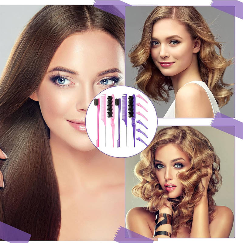 Beakey 12 Pieces Hair Brush Set Nylon Teasing Hair Brushes Rat Tail Combs with Duckbill Clips for Women-Pink Purple