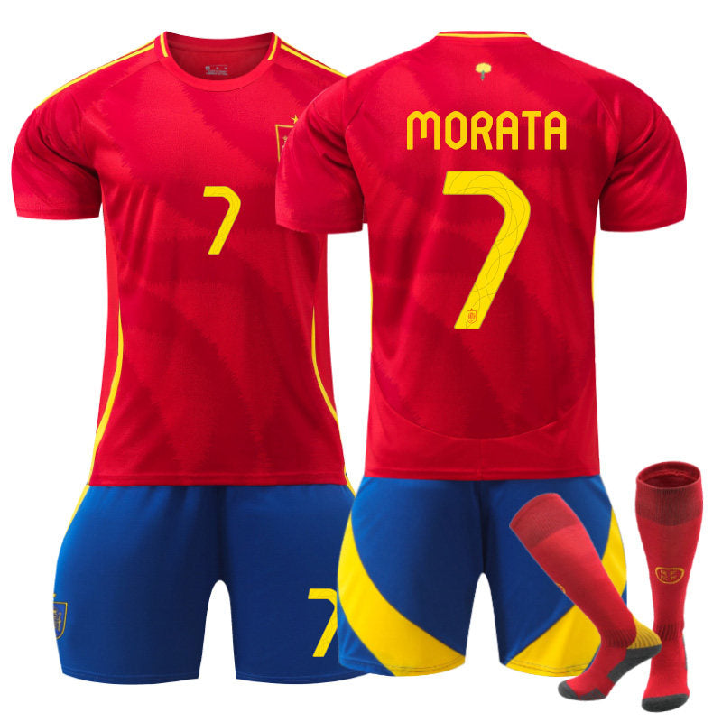 Beakey MORATA #7 Spain Home Jersey Soccer Jersey Kit Football T-shirt Set for Adult Kids