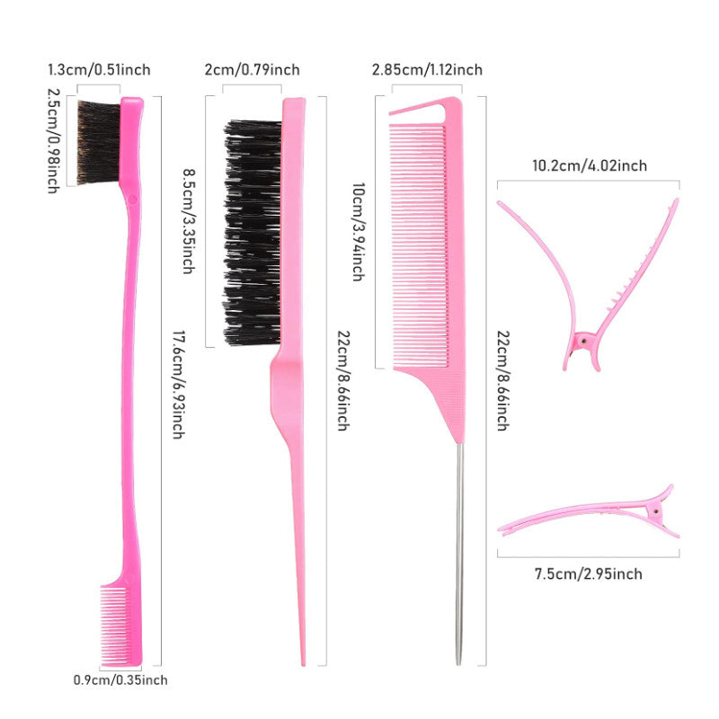 Beakey 12 Pieces Hair Brush Set Nylon Teasing Hair Brushes Rat Tail Combs with Duckbill Clips for Women-Pink