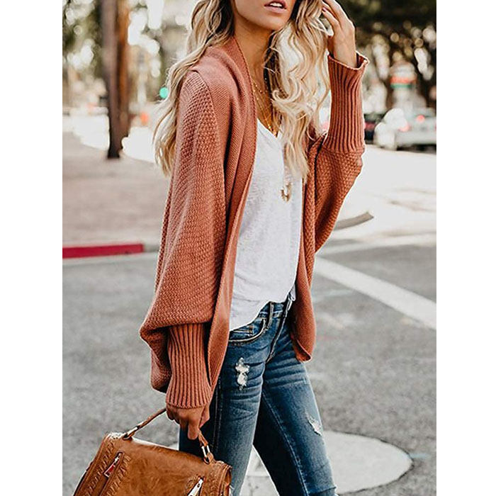 Beakey Women's Batwing Knitted Oversized Slouchy Solid Cardigan Sweater Knit Outwear-Red Coffee