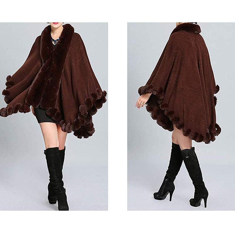 Beakey Womens Faux Fox Fur Trim Cardigan Shawl Oversized Cape-Brown