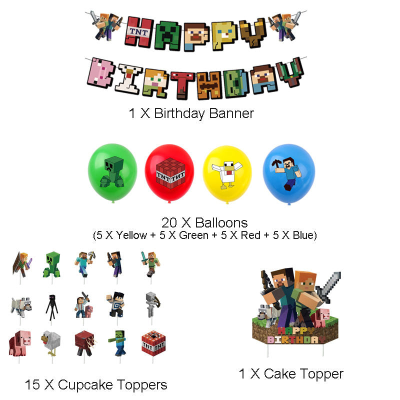 Beakey 37 Pcs Pixel Birthday Party Supplies Banner Balloons Cupcake Toppers