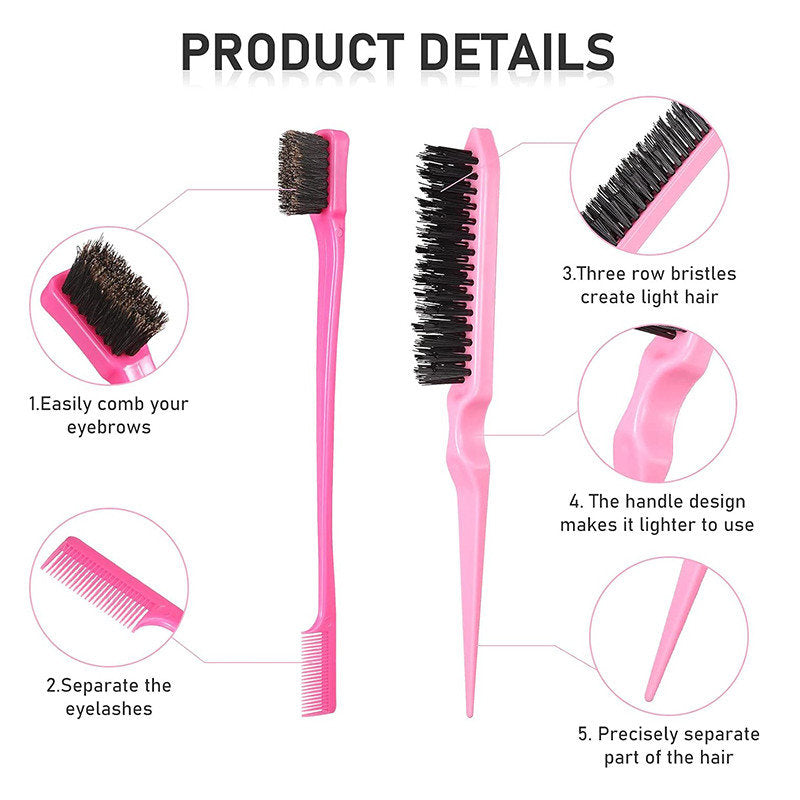 Beakey 12 Pieces Hair Brush Set Nylon Teasing Hair Brushes Rat Tail Combs with Duckbill Clips for Women-Pink