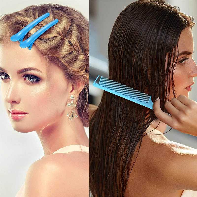 Beakey 12 Pieces Hair Brush Set Nylon Teasing Hair Brushes Rat Tail Combs with Duckbill Clips for Women-Blue