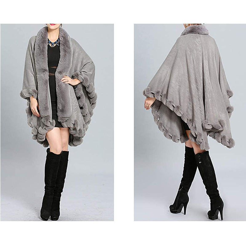 Beakey Womens Faux Fox Fur Trim Cardigan Shawl Oversized Cape-Light Grey