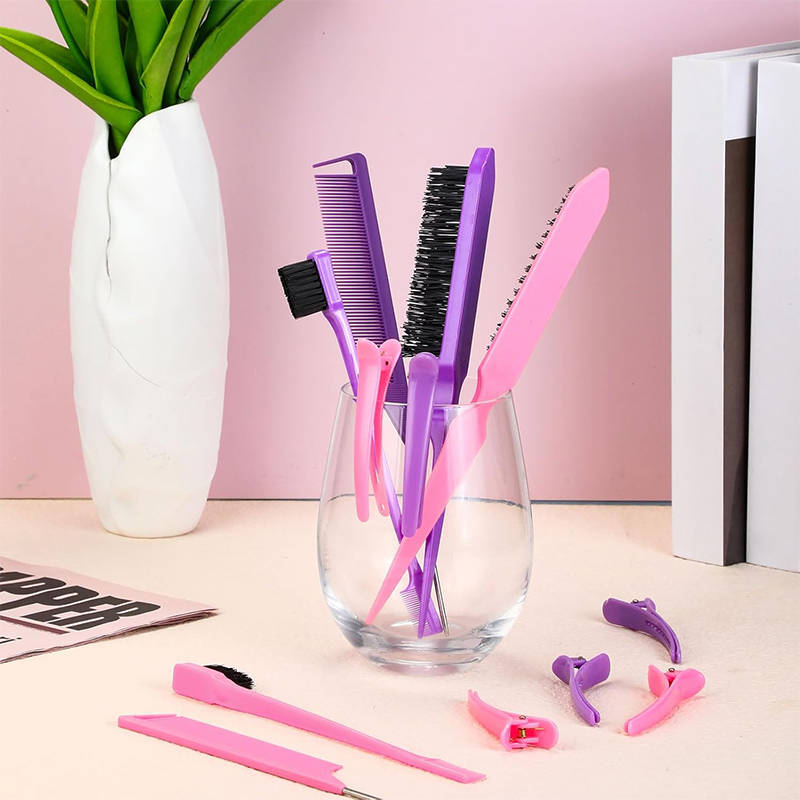 Beakey 12 Pieces Hair Brush Set Nylon Teasing Hair Brushes Rat Tail Combs with Duckbill Clips for Women-Pink Purple