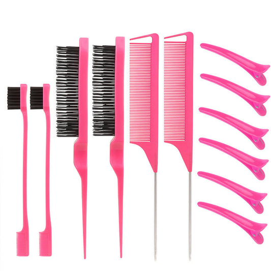 Beakey 12 Pcs Hair Brush with Rat Tail Combs Duckbill Clips for Women Girls-Rose Red