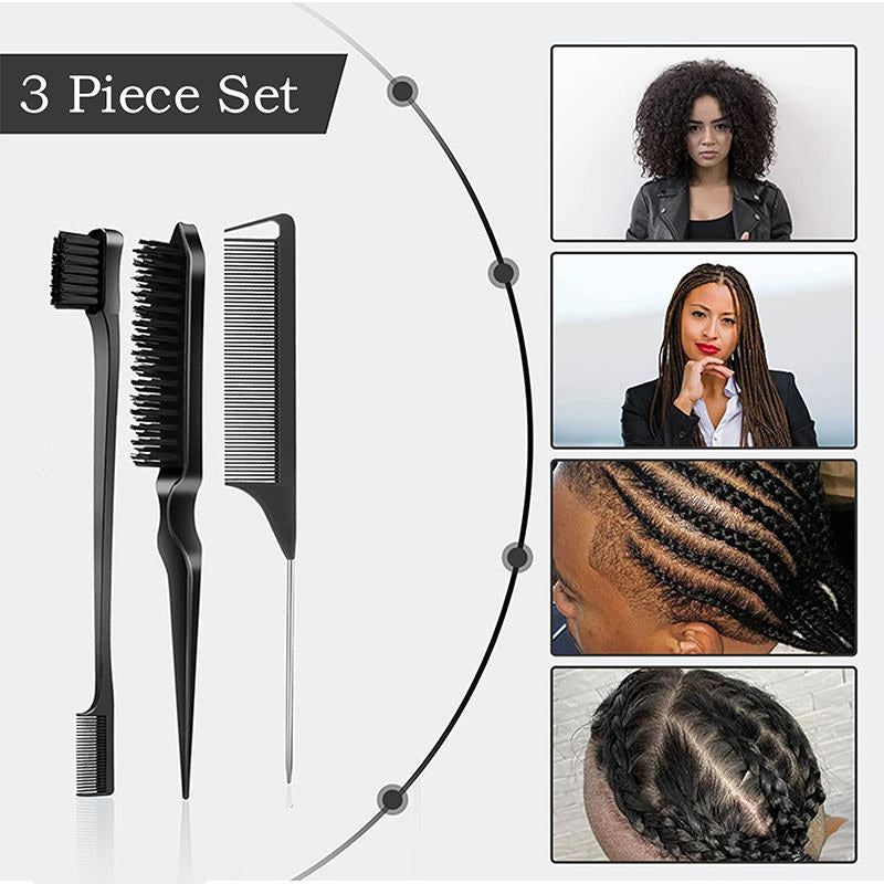 Beakey Edge Brush + Bristle Brush + Rat Tail Comb for Smoothing Hair-Black