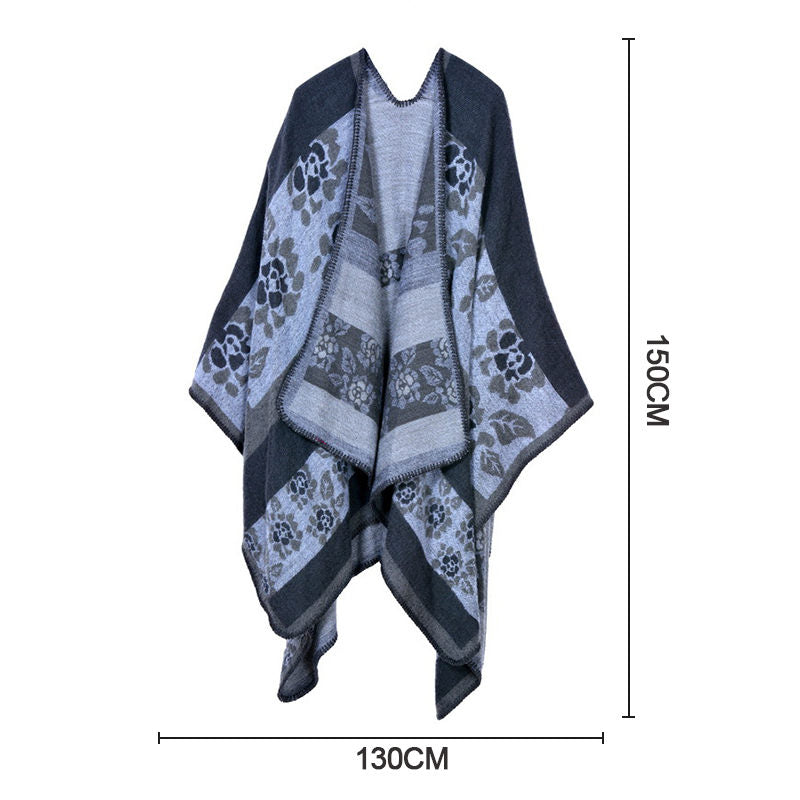 Beakey Womens Winter Reversible Oversized Blanket Cape Shawl-Flower Gray