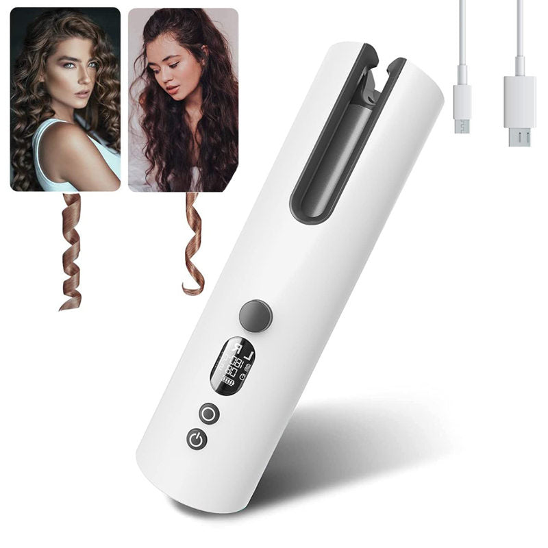 Beakey Auto Hair Curler Cordless Rechargeable LCD Display with 5 Temps-White