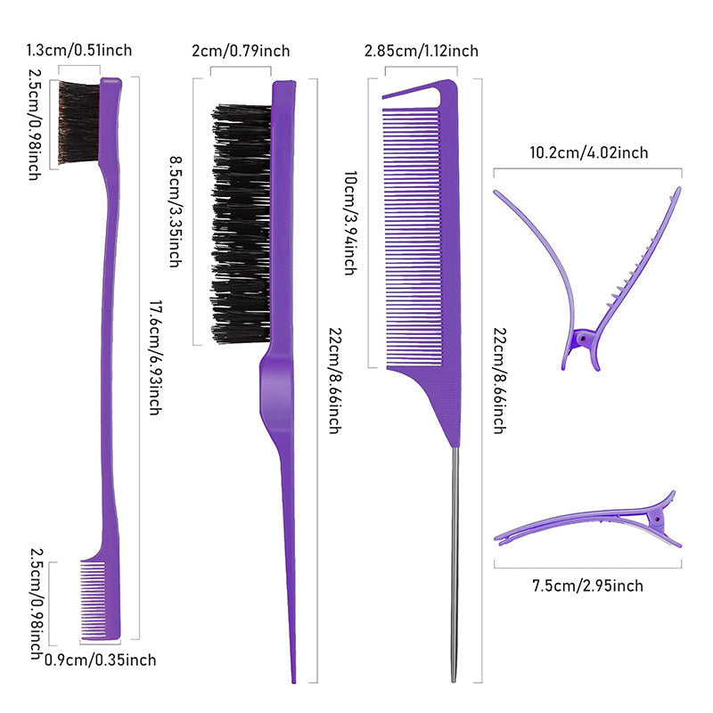 Beakey 12 Pieces Hair Brush Set Nylon Teasing Hair Brushes Rat Tail Combs with Duckbill Clips for Women-Pink Purple